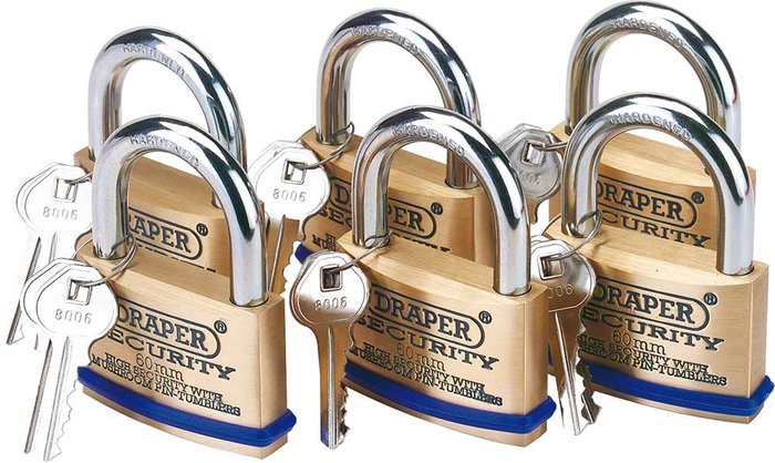 Tooled Up | Draper Draper Solid Brass Padlock Pack of 6 Keyed Alike 60mm Standard Draper Draper Solid Brass Padlock Pack of 6 Keyed Alike 60mm Standard