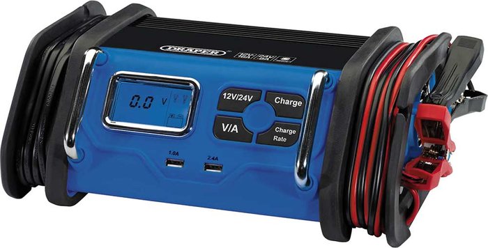 Tooled Up | Draper Draper 16A 12V/24V Battery Charger - Blue & Black Draper Draper 16A 12V/24V Battery Charger - Blue & Black
