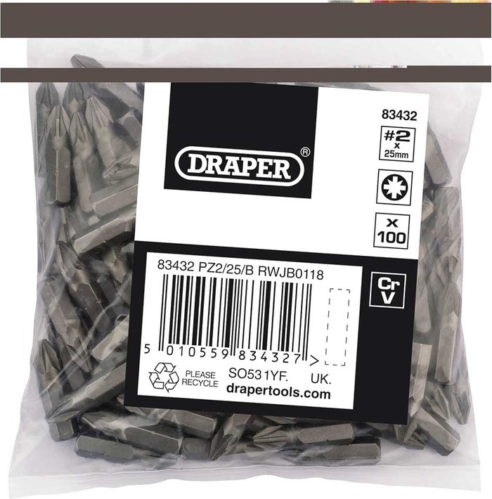 Tooled Up | Draper Draper Pozi Screwdriver Bits PZ2 25mm Pack of 100 Draper Draper Pozi Screwdriver Bits PZ2 25mm Pack of 100