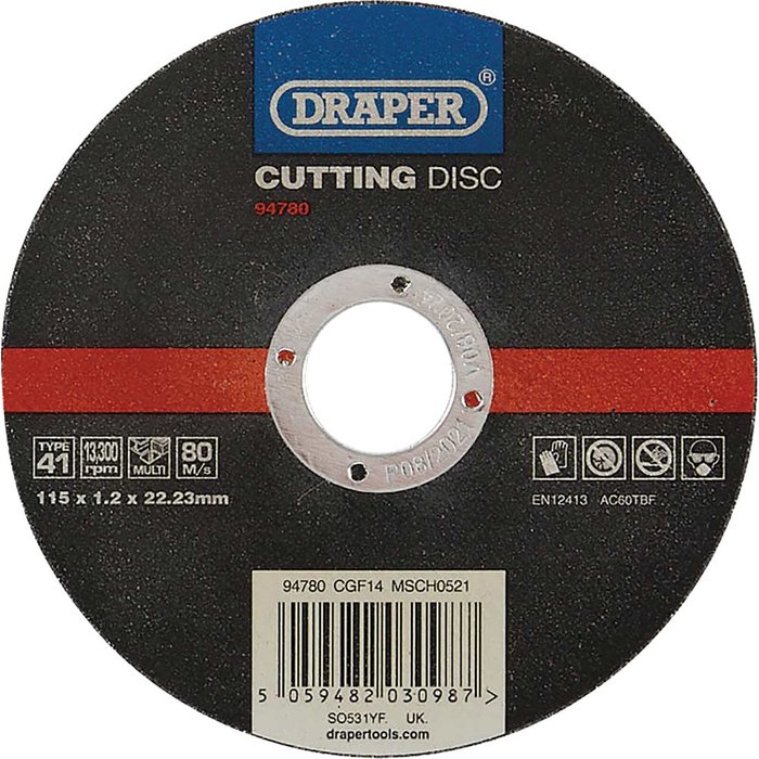 Tooled Up | Draper Draper Multi Purpose Cutting Disc 115mm 1.2mm 22mm Draper Draper Multi Purpose Cutting Disc 115mm 1.2mm 22mm