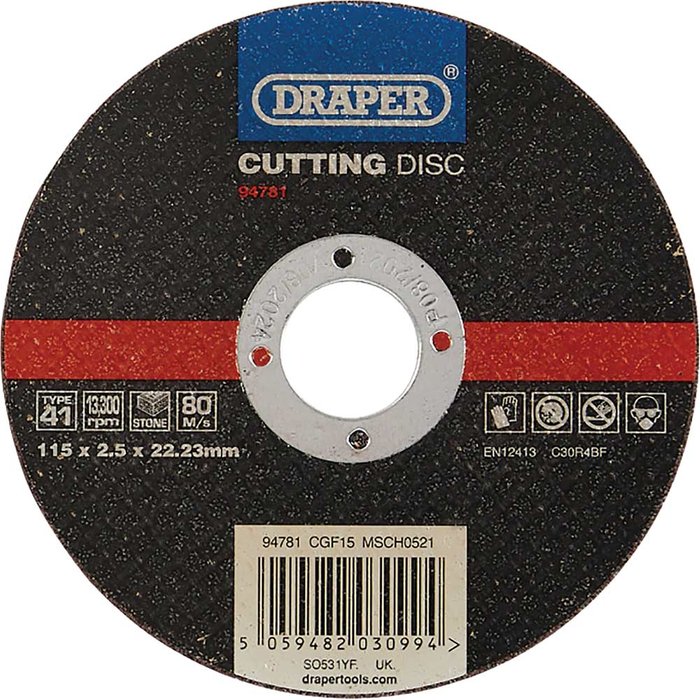 Tooled Up | Draper Draper Flat Stone Cutting Disc 115mm 2.5mm 22mm Draper Draper Flat Stone Cutting Disc 115mm 2.5mm 22mm