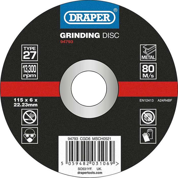 Tooled Up | Draper Draper DPC Depressed Centre Metal Grinding Disc 115mm 6mm 22mm Draper Draper DPC Depressed Centre Metal Grinding Disc 115mm 6mm 22mm