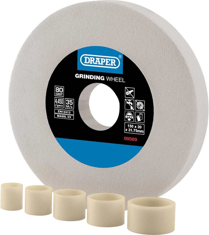 Tooled Up | Draper Draper White Aluminium Oxide Bench Grinding Wheel 150mm 20mm 80g Draper Draper White Aluminium Oxide Bench Grinding Wheel 150mm 20mm 80g