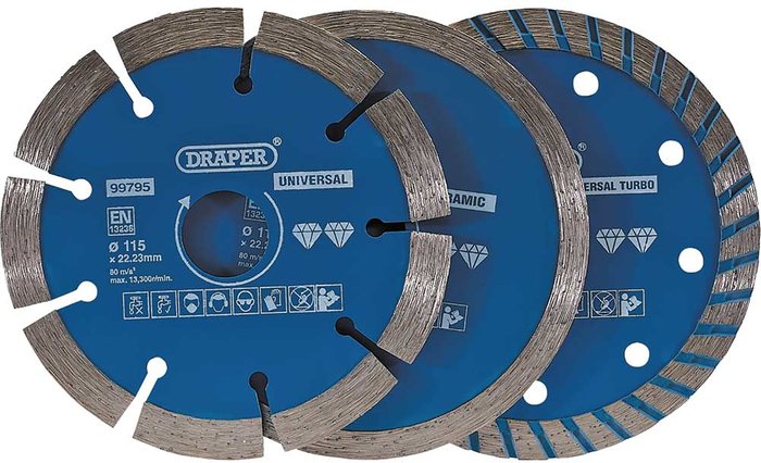 Tooled Up | Draper Draper 3 Piece Diamond Blade Set 115mm 22mm Draper Draper 3 Piece Diamond Blade Set 115mm 22mm