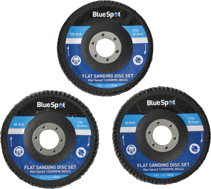 Tooled Up | Blue Spot BlueSpot 3 Piece Flap Disc Set 115mm 115mm Assorted Blue Spot BlueSpot 3 Piece Flap Disc Set 115mm 115mm Assorted