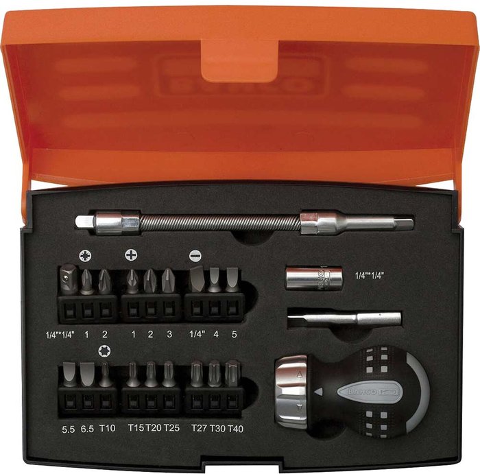 Tooled Up | Bahco Bahco 22 Piece Stubby Ratchet Screwdriver and Bit Set 1/4 Bahco Bahco 22 Piece Stubby Ratchet Screwdriver and Bit Set 1/4