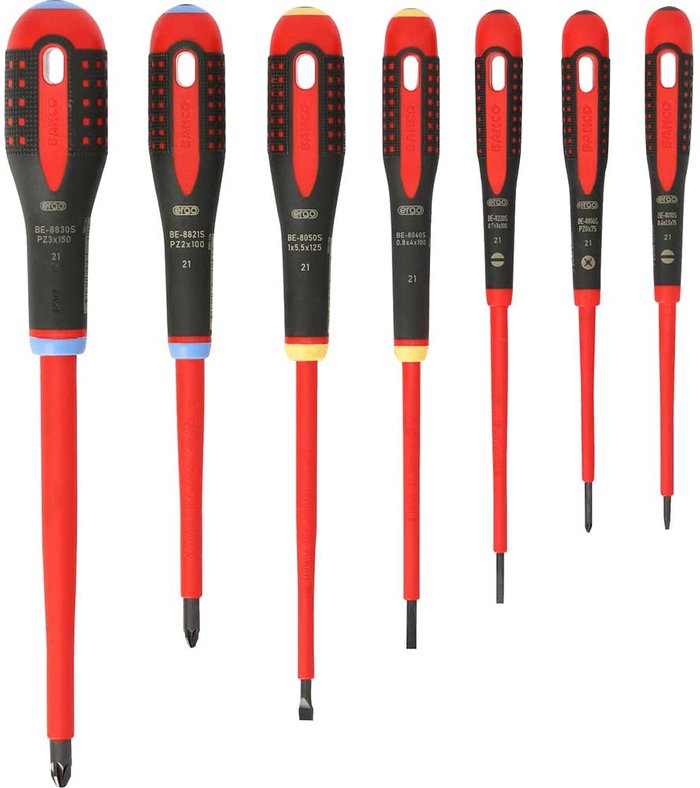 Tooled Up | Bahco Bahco - BE-9888S Pozi and Slotted VDE Insulated Screwdriver Set 7 Piece Set Ergo Bahco Bahco - BE-9888S Pozi and Slotted VDE Insulated Screwdriver Set 7 Piece Set Ergo