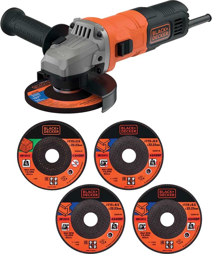 Tooled Up | Black & Decker Black & Decker 710W Grinder 115mm + 4 metal/1 stone cutting discs Black & Decker Black & Decker 710W Grinder 115mm + 4 metal/1 stone cutting discs