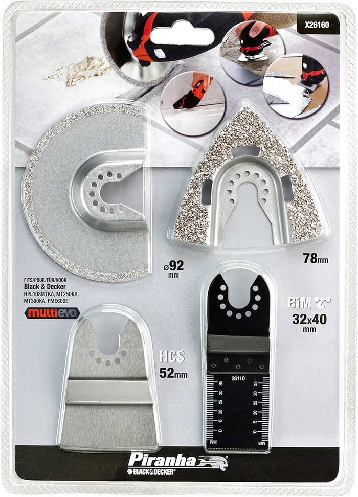 Tooled Up | Black and Decker Black and Decker X26160 Piranha 4 Piece Oscillating Multi Tool Tiling Set Black and Decker Black and Decker X26160 Piranha 4 Piece Oscillating Multi Tool Tiling Set