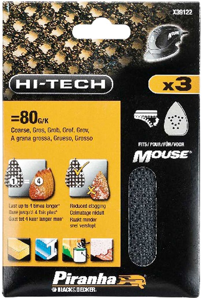 Tooled Up | Black and Decker Black and Decker Piranha Hi Tech Quick Fit Mesh Mouse Sanding Sheets 120g Pack of 3 Black and Decker Black and Decker Piranha Hi Tech Quick Fit Mesh Mouse Sanding Sheets 120g Pack of 3