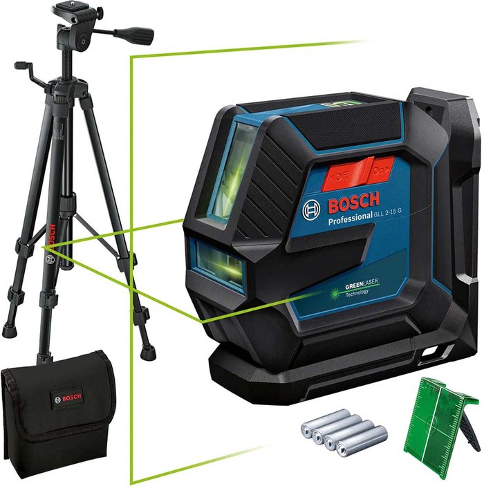 Tooled Up | Bosch GLL215G Green Cross Line Laser Level Self Leveling +Bracket + BT150 Tripod - Bosch Bosch GLL215G Green Cross Line Laser Level Self Leveling +Bracket + BT150 Tripod - Bosch