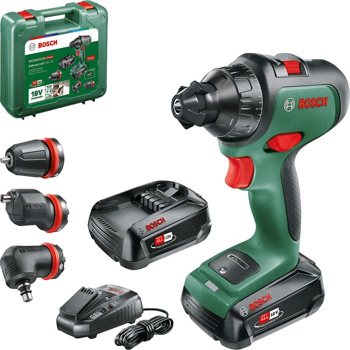 Tooled Up | Bosch Bosch AdvancedDrill 18 Cordless Drill Driver with 2x 2.5Ah Batteries and 3 Attachment Set Bosch Bosch AdvancedDrill 18 Cordless Drill Driver with 2x 2.5Ah Batteries and 3 Attachment Set