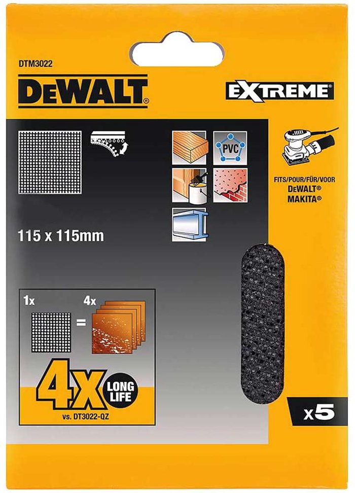 Tooled Up | Dewalt DeWalt Extreme 4X Life Mesh 115mm x 115mm Sanding Sheets 120g Pack of 5 Dewalt DeWalt Extreme 4X Life Mesh 115mm x 115mm Sanding Sheets 120g Pack of 5
