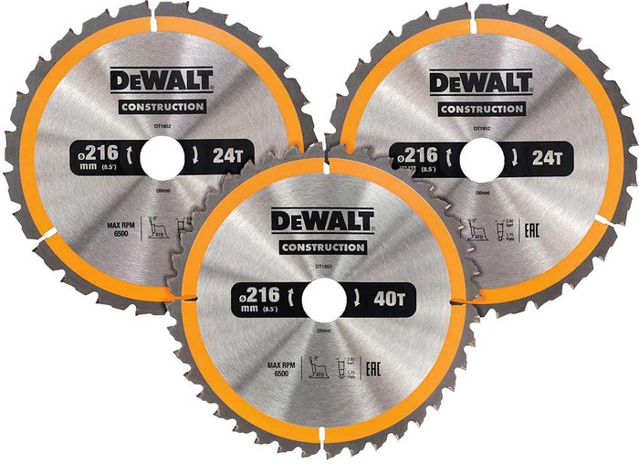 Tooled Up | Dewalt DeWalt 3 Piece 216mm Construction Circular Saw Blade Set 216mm Assorted Teeth 30mm Dewalt DeWalt 3 Piece 216mm Construction Circular Saw Blade Set 216mm Assorted Teeth 30mm