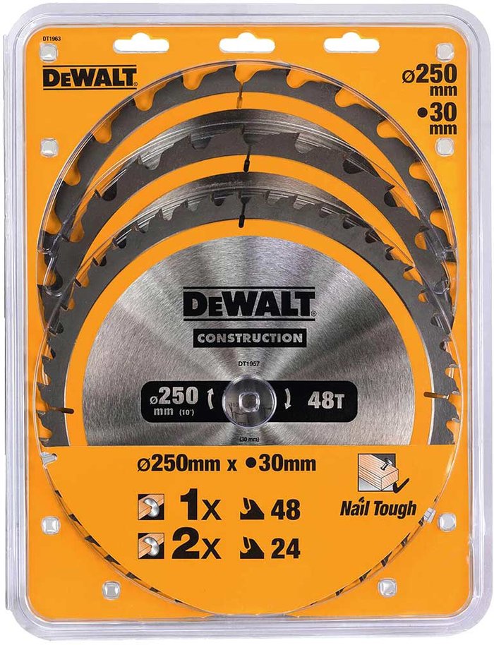 Tooled Up | Dewalt DeWalt 3 Piece 250mm Construction Circular Saw Blade Set 250mm Assorted Teeth 30mm Dewalt DeWalt 3 Piece 250mm Construction Circular Saw Blade Set 250mm Assorted Teeth 30mm