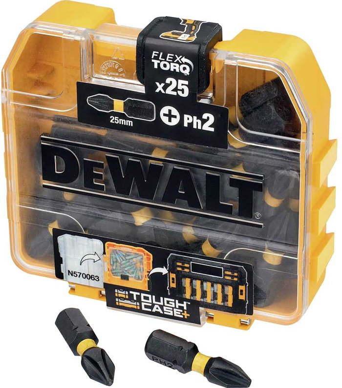 Tooled Up | Dewalt DeWalt Tough Case Torsion Flex Torq Screwdriver Bits Phillip PH2 25mm Pack of 25 Dewalt DeWalt Tough Case Torsion Flex Torq Screwdriver Bits Phillip PH2 25mm Pack of 25