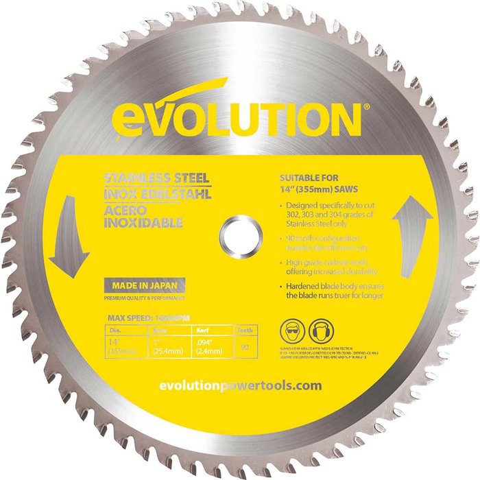 Tooled Up | Evolution Evolution Stainless Steel Cutting Saw Blade 355mm 90T 25.4mm Evolution Evolution Stainless Steel Cutting Saw Blade 355mm 90T 25.4mm
