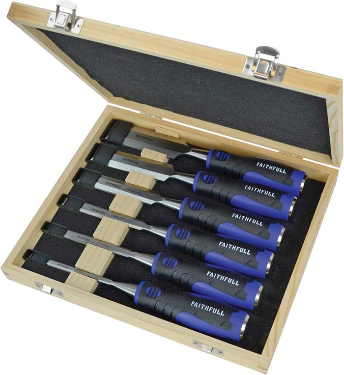Tooled Up | Faithfull Faithfull Soft Grip 6 Piece Splitproof Bevel Edge Wood Chisel Set Faithfull Faithfull Soft Grip 6 Piece Splitproof Bevel Edge Wood Chisel Set