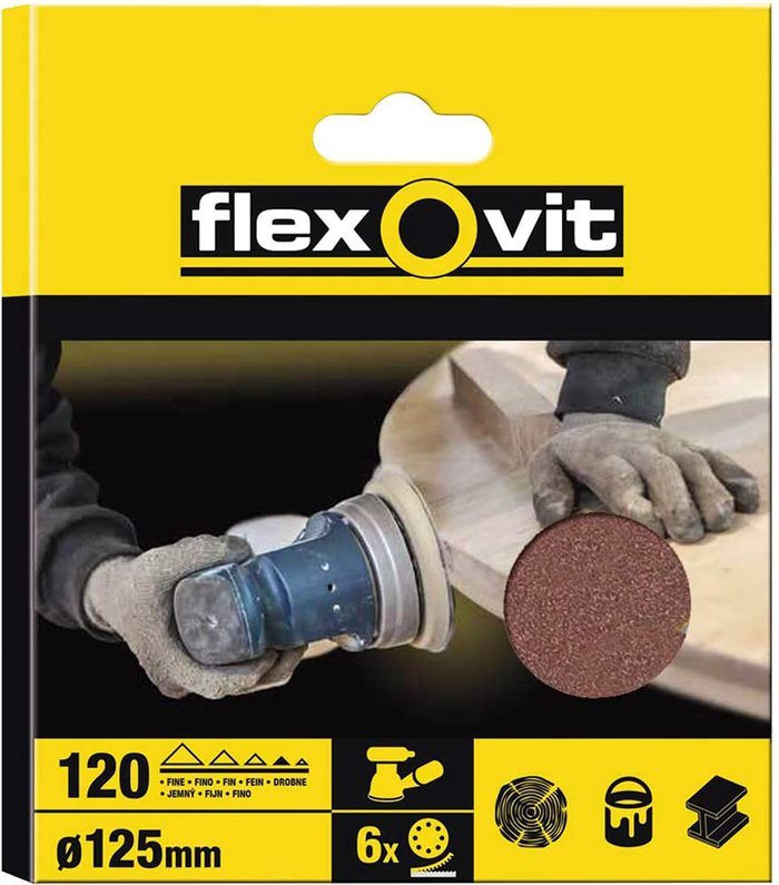 Tooled Up | Flexovit Flexovit 125mm Hook and Loop Sanding Discs 125mm 120g Pack of 6 Flexovit Flexovit 125mm Hook and Loop Sanding Discs 125mm 120g Pack of 6