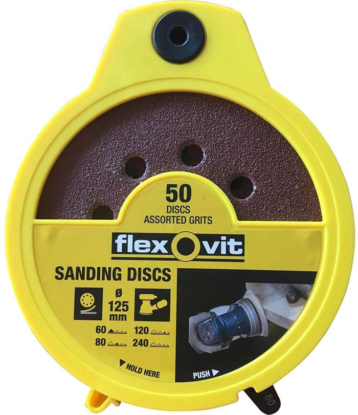 Tooled Up | Flexovit Flexovit 125mm Hook and Loop Sanding Disc Dispenser Pack 125mm Assorted Pack of 50 Flexovit Flexovit 125mm Hook and Loop Sanding Disc Dispenser Pack 125mm Assorted Pack of 50
