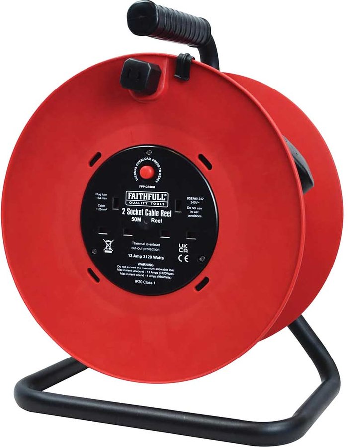 Tooled Up | Faithfull Faithfull 2 Socket Cable Extension Reel 240v 50m Faithfull Faithfull 2 Socket Cable Extension Reel 240v 50m