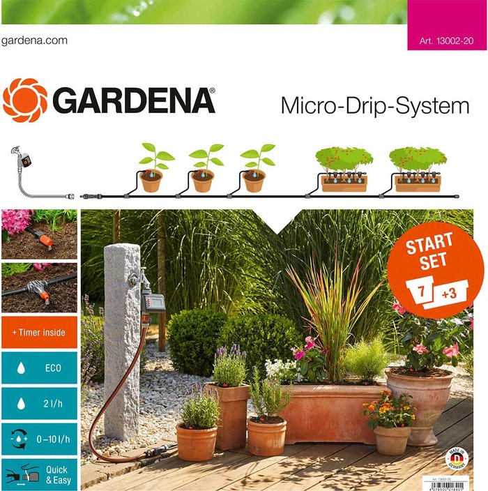 Tooled Up | Gardena Gardena MICRO DRIP 7 Pot and Planter Water Irrigation and Water Timer Starter Set Gardena Gardena MICRO DRIP 7 Pot and Planter Water Irrigation and Water Timer Starter Set