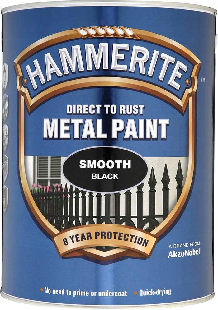 Tooled Up | Hammerite Hammerite Smooth Finish Metal Paint Black 5000ml Hammerite Hammerite Smooth Finish Metal Paint Black 5000ml