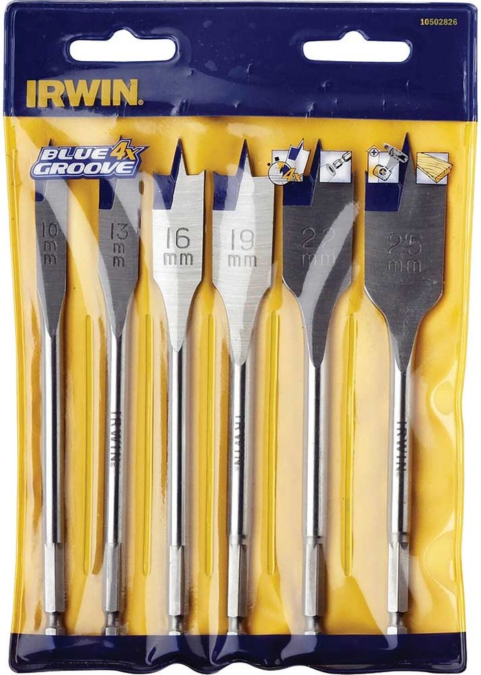 Tooled Up | Irwin Irwin 6 Piece 4X Blue Groove Flat Wood Drill Bit Set Irwin Irwin 6 Piece 4X Blue Groove Flat Wood Drill Bit Set