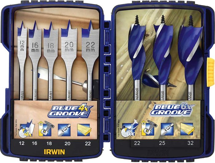 Tooled Up | Irwin Irwin Blue Groove 8 Piece Auger and Flat Wood Drill Bit Set Irwin Irwin Blue Groove 8 Piece Auger and Flat Wood Drill Bit Set