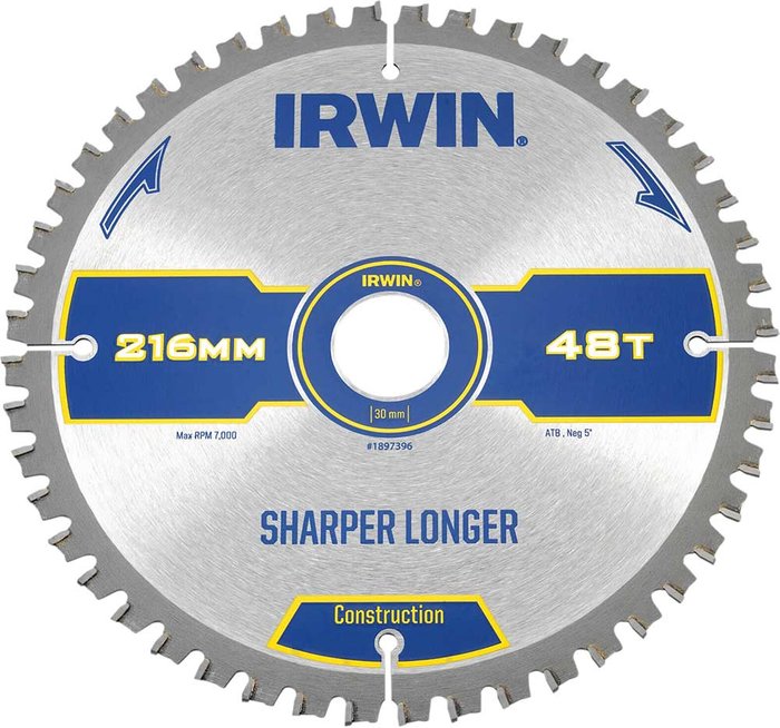 Tooled Up | Irwin Irwin ATB Ultra Construction Circular Saw Blade 216mm 48T 30mm Irwin Irwin ATB Ultra Construction Circular Saw Blade 216mm 48T 30mm