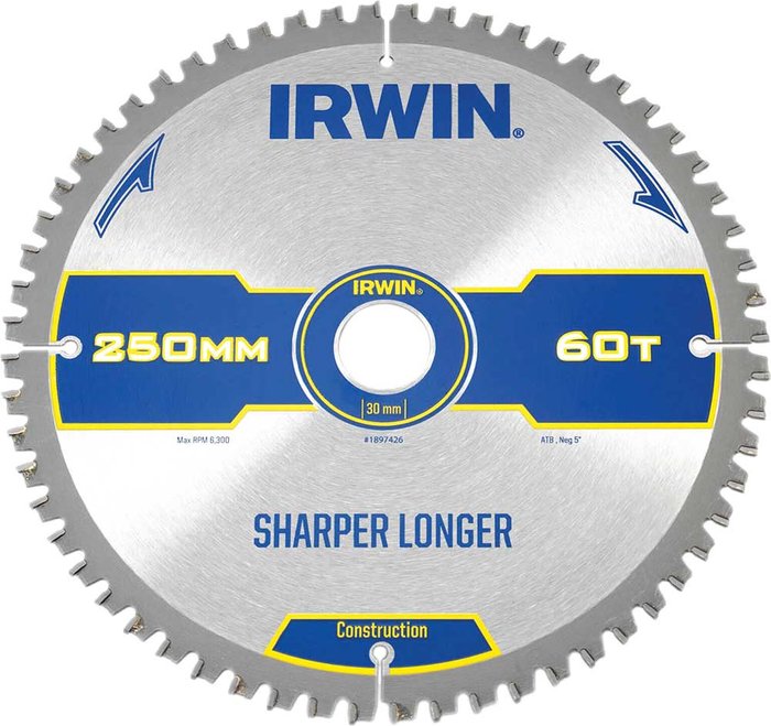 Tooled Up | Irwin Irwin ATB Ultra Construction Circular Saw Blade 250mm 60T 30mm Irwin Irwin ATB Ultra Construction Circular Saw Blade 250mm 60T 30mm