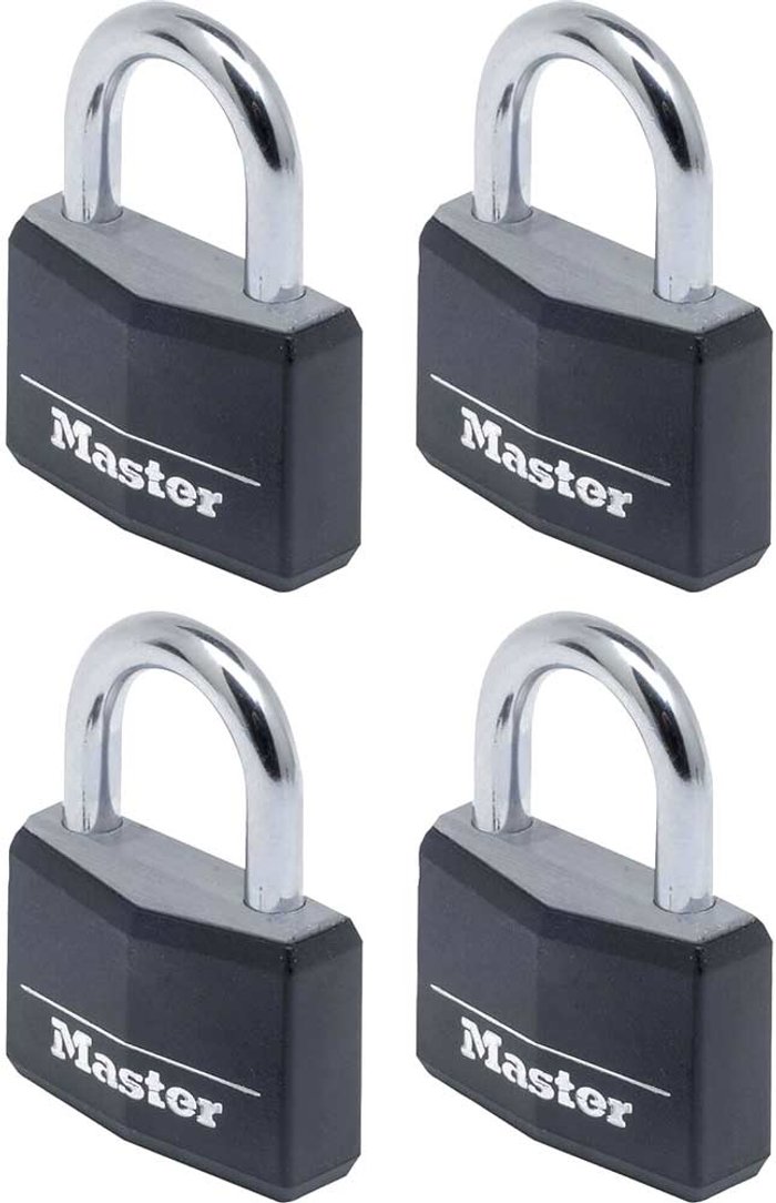 Tooled Up | Masterlock Masterlock Aluminium Vinyl Padlock Pack of 4 Keyed Alike 40mm Black Standard Masterlock Masterlock Aluminium Vinyl Padlock Pack of 4 Keyed Alike 40mm Black Standard