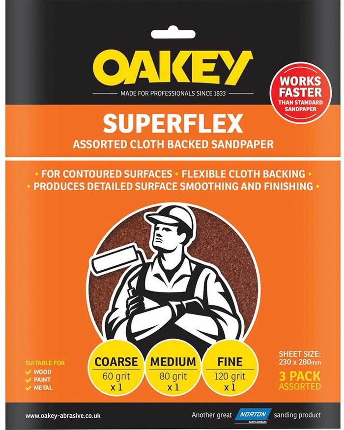 Tooled Up | Oakey Oakey Superflex Aluminium Oxide Sandpaper Assorted Grit Pack of 3 Oakey Oakey Superflex Aluminium Oxide Sandpaper Assorted Grit Pack of 3