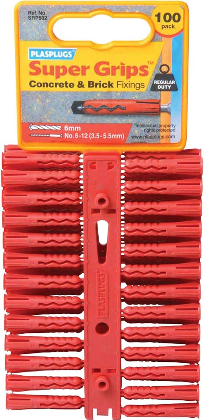 Tooled Up | Plasplug Plasplugs Regular Duty Super Grips Concrete and Brick Fixings RED Pack of 100 Plasplug Plasplugs Regular Duty Super Grips Concrete and Brick Fixings RED Pack of 100