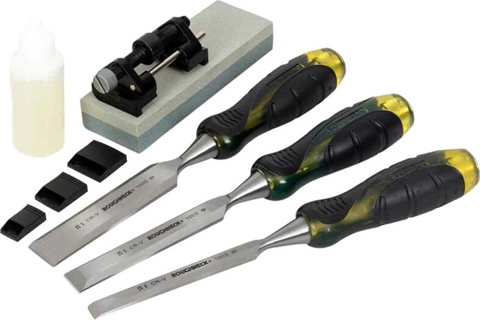 Tooled Up | Roughneck Roughneck 3 Piece Bevel Edge Chisel Set and Sharpening Kit Roughneck Roughneck 3 Piece Bevel Edge Chisel Set and Sharpening Kit