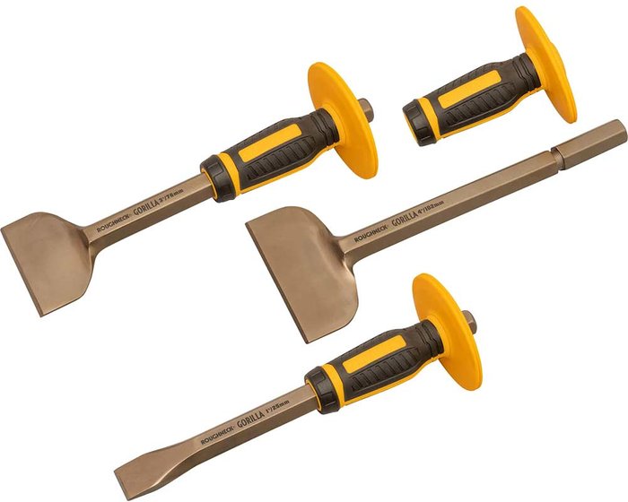 Tooled Up | Roughneck Roughneck 3 Piece Non Slip Hand Guard Bolster and Chisel Set Roughneck Roughneck 3 Piece Non Slip Hand Guard Bolster and Chisel Set