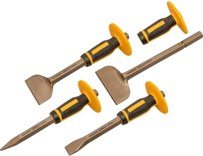 Tooled Up | Roughneck Roughneck 4 Piece Non Slip Hand Guard Bolster and Chisel Set Roughneck Roughneck 4 Piece Non Slip Hand Guard Bolster and Chisel Set