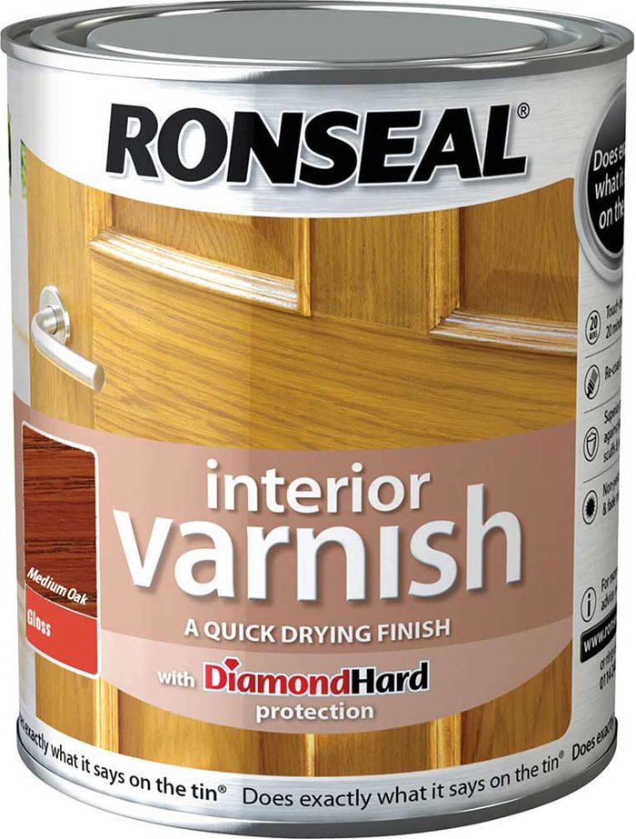 Tooled Up | Ronseal Ronseal Interior Quick Dry Gloss Varnish Medium Oak 750ml Ronseal Ronseal Interior Quick Dry Gloss Varnish Medium Oak 750ml
