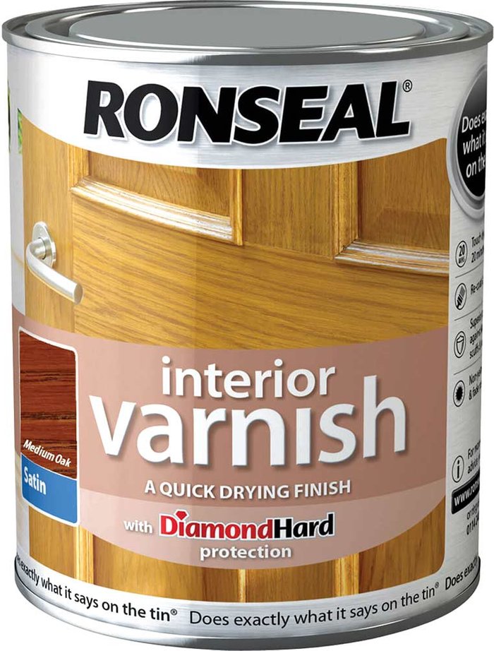 Tooled Up | Ronseal Ronseal Interior Satin Quick Dry Varnish Medium Oak 750ml Ronseal Ronseal Interior Satin Quick Dry Varnish Medium Oak 750ml