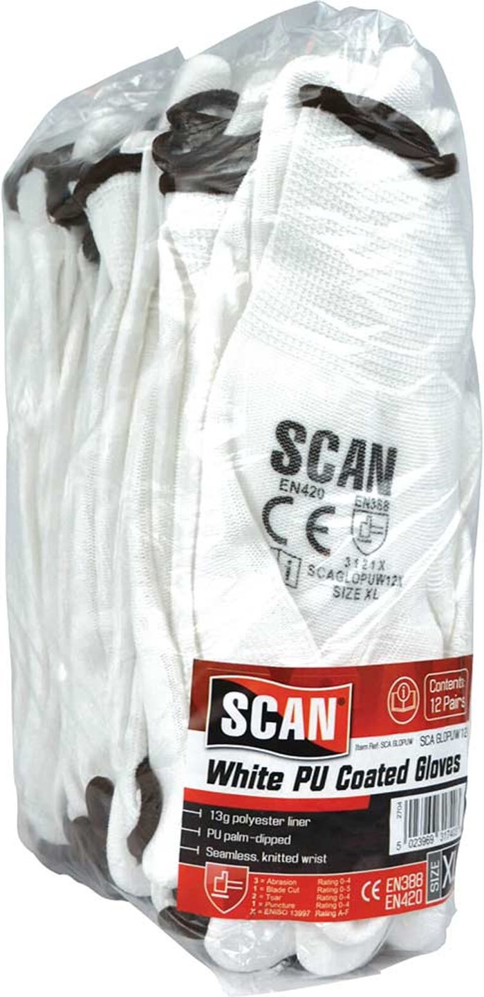 Tooled Up | Scan Scan PU Coated Work Gloves White XL Pack of 12 Scan Scan PU Coated Work Gloves White XL Pack of 12