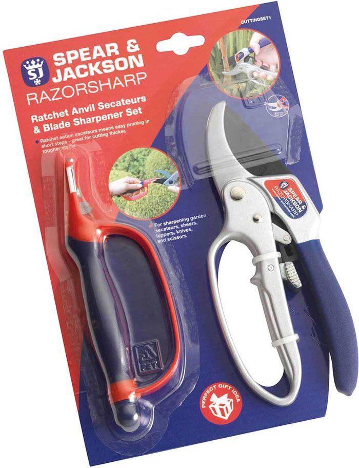 Tooled Up | Spear & Jackson Spear & Jackson Ratchet Anvil Secateurs with Blade Sharpener Spear & Jackson Spear & Jackson Ratchet Anvil Secateurs with Blade Sharpener