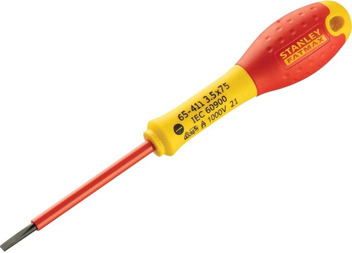 Tooled Up | Stanley Stanley FatMax Insulated Parallel Slotted Screwdriver 3.5mm 75mm Stanley Stanley FatMax Insulated Parallel Slotted Screwdriver 3.5mm 75mm