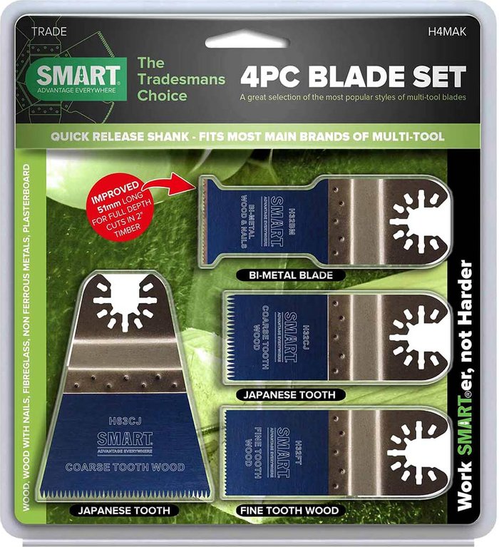 Tooled Up | Smart Multitool Blades Smart 4 Piece Trade Blade Oscillating Multi Tool Blade Set Smart Multitool Blades Smart 4 Piece Trade Blade Oscillating Multi Tool Blade Set