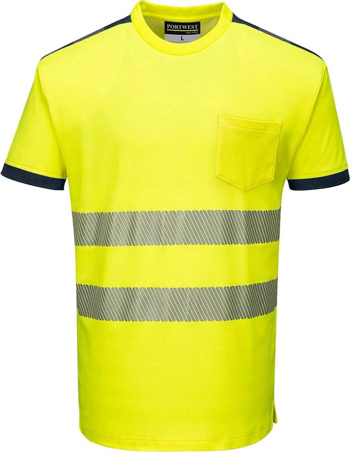 Tooled Up | Portwest Portwest PW3 Hi Vis Cotton Comfort Short Sleeve T Shirt Yellow / Navy S Portwest Portwest PW3 Hi Vis Cotton Comfort Short Sleeve T Shirt Yellow / Navy S