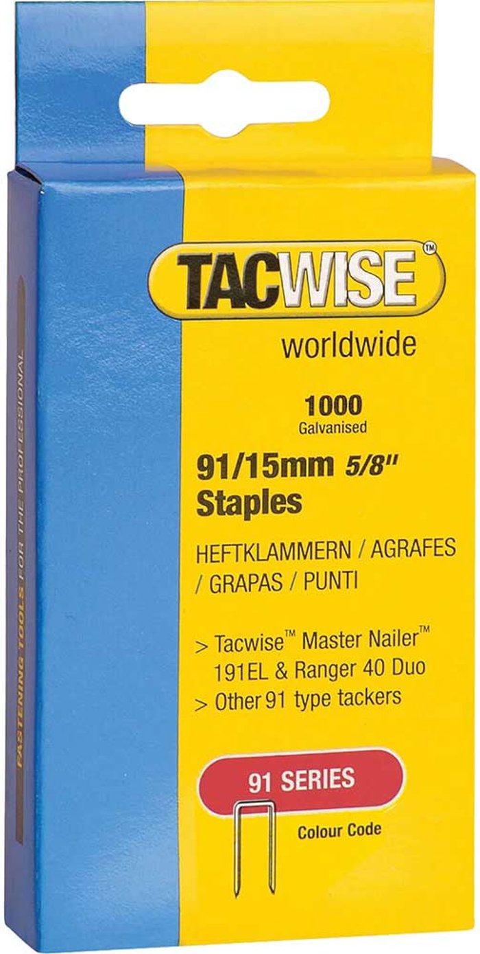 Tooled Up | Tacwise Tacwise Type 91 Narrow Staples 15mm Pack of 1000 Tacwise Tacwise Type 91 Narrow Staples 15mm Pack of 1000