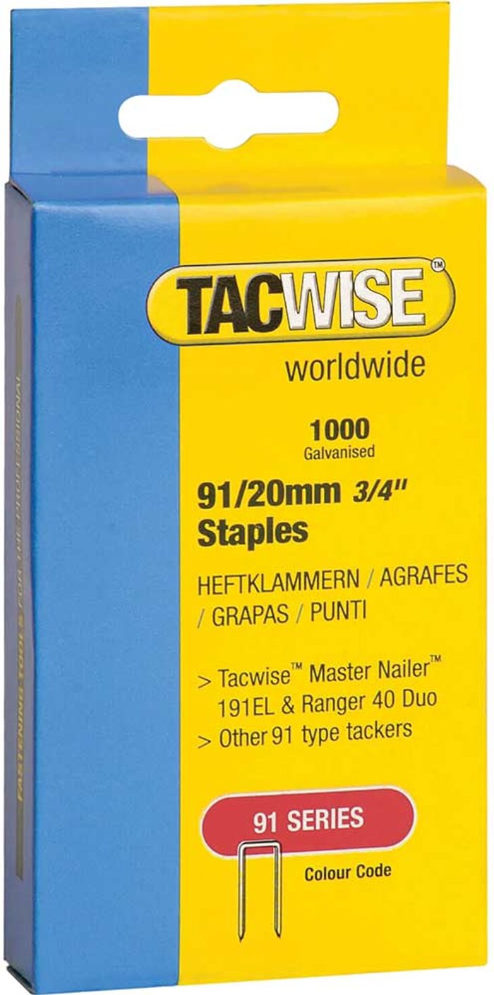 Tooled Up | Tacwise Tacwise Type 91 Narrow Staples 20mm Pack of 1000 Tacwise Tacwise Type 91 Narrow Staples 20mm Pack of 1000