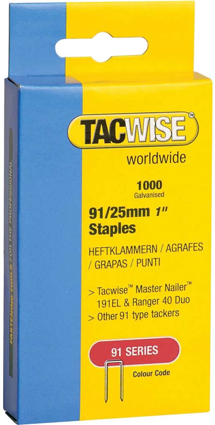 Tooled Up | Tacwise Tacwise Type 91 Narrow Staples 25mm Pack of 1000 Tacwise Tacwise Type 91 Narrow Staples 25mm Pack of 1000