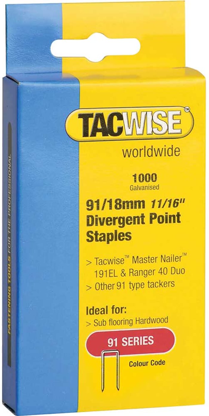 Tooled Up | Tacwise Tacwise 91 Divergent Point Staples 18mm Pack of 1000 Tacwise Tacwise 91 Divergent Point Staples 18mm Pack of 1000