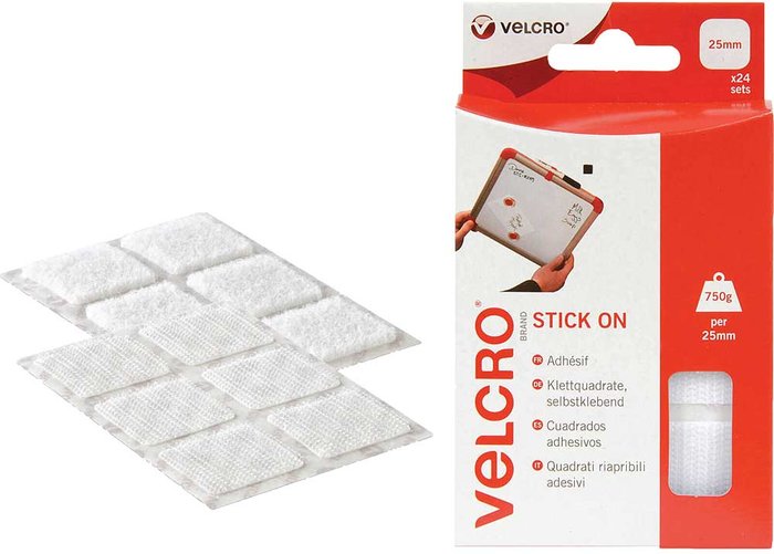 Tooled Up | Velcro® Brand Velcro Stick On Squares White 25mm 25mm Pack of 24 Velcro® Brand Velcro Stick On Squares White 25mm 25mm Pack of 24