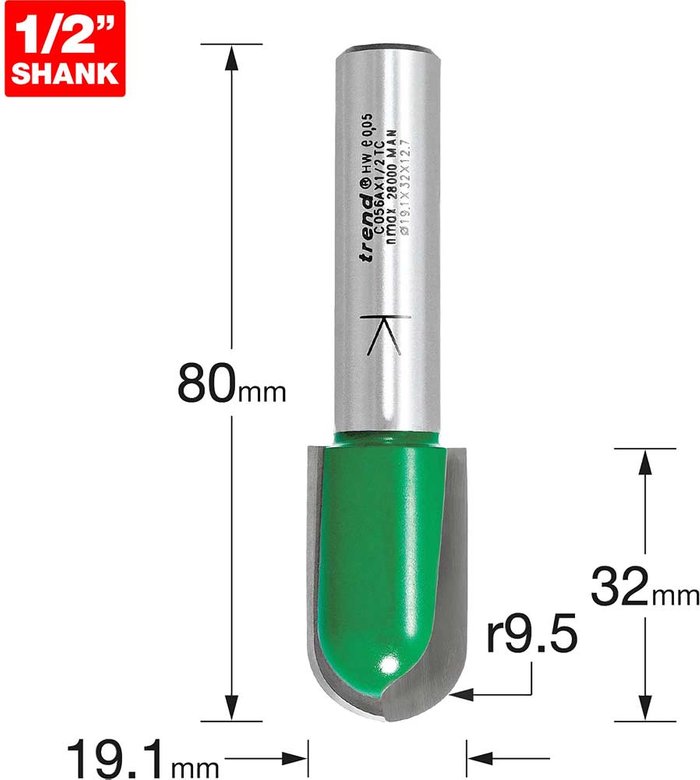 Tooled Up | Bosch TREND COVE CUT RAD 9.5MMX32MM CUTX80MM 1/2 in SHANK FOR BS/JIG C056AX1/2TC Bosch TREND COVE CUT RAD 9.5MMX32MM CUTX80MM 1/2 in SHANK FOR BS/JIG C056AX1/2TC